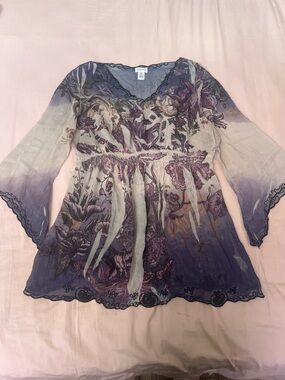 Floral Fairy Sheer Ombre Bell Sleeve Top in Purple and White